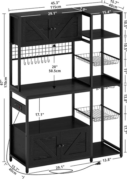 IRONCK Bakers Rack with 2 Storage Cabinets and Power Outlet, 45.3 Inch Industrial Coffee Bar Cabinet Shelves, Kitchen Microwave Stand with Storage, Vintage Black
