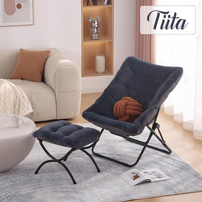 Tiita Folded Chair with Ottoman, Soft Faux Fur Oversized Folding Accent Chair,Lounge Lazy Chair, Metal Frame Moon Chair for Bedroom, Living Room, Dorm Rooms, Garden and Courtyard