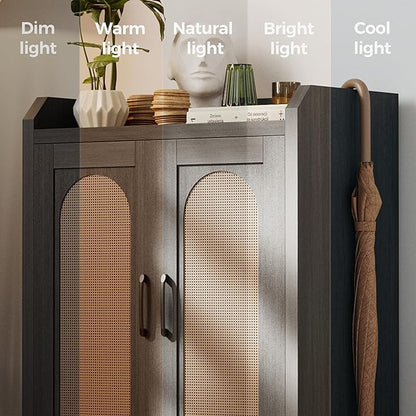 Shoe Cabinet Storage for Entryway, Natural Rattan Shoes Cupboard, Wooden Shoe Rack with Doors and Shelves, Farmhouse Boho Wood Shoe Organizer Cabinet for Hallway Black