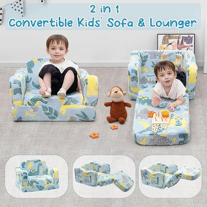 Comfy Toddler Chair and Couch for Kids with Blanket,2-in-1 Soft Plush Fold Out Toddler Couch for Girls and Boys,Convertible Sofa to Lounger for Playroom,Glowing Dinosaur