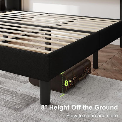 Feonase King Size Bed Frame with Wingback Tufted Headboard, Upholstered Platform Bed Frame with Heavy Duty Wooden Slats Support, Noise-Free, No Box Spring Needed, Easy Assembly, Black
