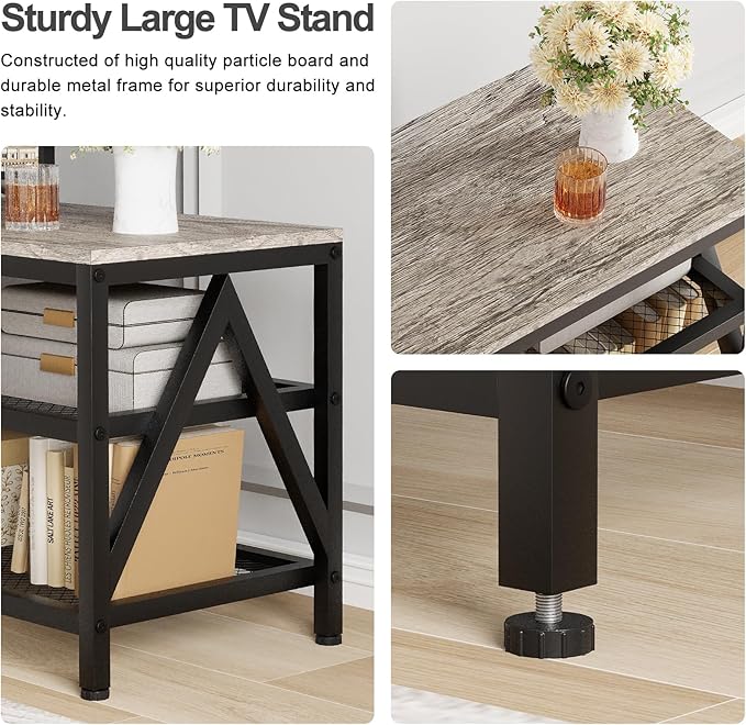 TV Stand for TVs up to 75 Inch, 70" Long Industrial TV Console Table with 3-Tier Storage Shelves, Entertainment Center for Living Room, Bedroom (Gray)