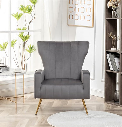Container Furniture Direct Modern Velvet Accent Chair, Channel Tufted Bedroom, Office or Living Room Furniture with Elegant Metal Legs, 26" Wide Armchair, Grey