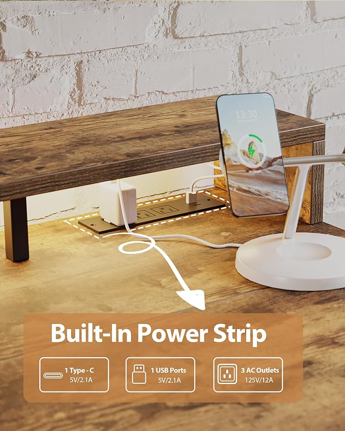 Electric Height Adjustable Standing Desk with Power Outlet and LED Light Strip, Sit to Stand, Ergonomic 48x24 Rising Desk with Memory Presets, Home Office Workstation, Computer Gaming Table, Brown
