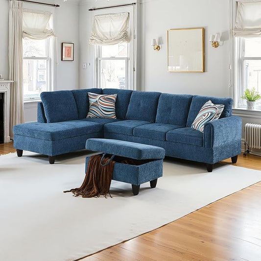 NicBex Sectional Couch 3 Pieces Sofa Set with Right Chaise Flannel L Shaped Cloud Couch for Living Room Furniture Sets with Storage Ottoman, Modular Sofa for Living Room & Apartment, Dark Blue