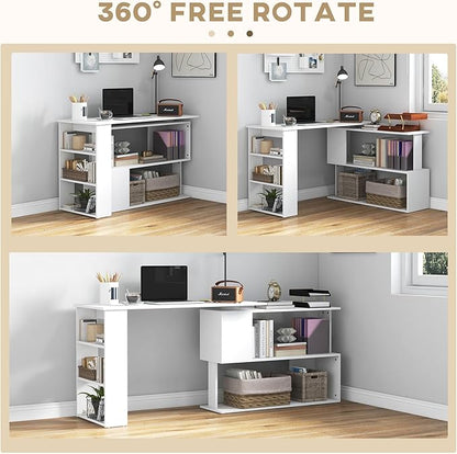HOMCOM L Shaped Desk, Corner Computer Desk, 360 Degree Rotating Home Office Desk with Storage Shelves, Writing Table Workstation, White