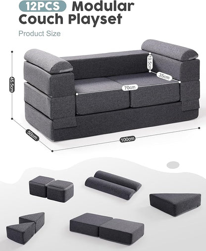 ROBUD Kids Couch, Gray Modular Kids Play Couch, DIY-Style & Washable Toddler Sofa for Playroom, Bedroom, Nursery, WG412