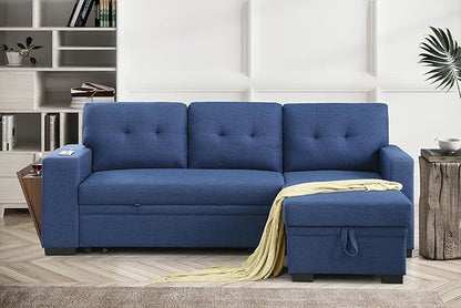 Ball & Cast L-Shape Reversible Sectional Sleeper Sofa Bed,4 in 1 Pull Out Couch with Storage Chaise USB Ports & Cup Holder,Convertible Sleeper Corner Couch Pull-Out Sofa Bed,for Living Room,Office