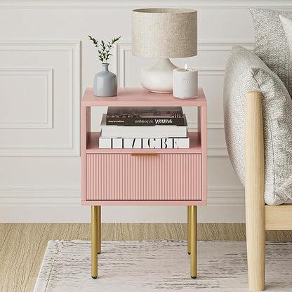 Masupu Night Stand,Mid-Century Modern Bedside Table with Storage Drawer and Open Wood Shelf,Small Gold Frame Side Table for Bedroom,Living Room, Pink