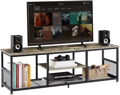 VECELO Industrial TV Stand for Televisions up to 65 Inch, 55" Entertainment Center with Open Storage Shelves for Living Room/Bedroom, 3 Tiers Media Console Table with Metal Frame, Grey, 55 Inches