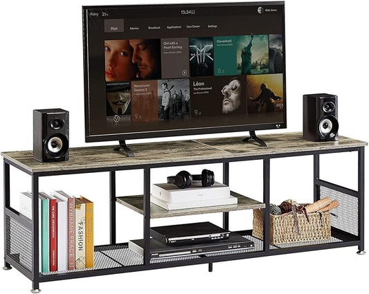 VECELO Industrial TV Stand for Televisions up to 65 Inch, 55" Entertainment Center with Open Storage Shelves for Living Room/Bedroom, 3 Tiers Media Console Table with Metal Frame, Grey, 55 Inches