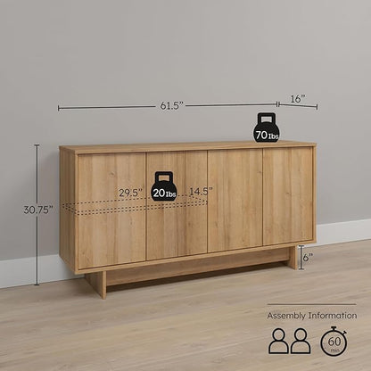 Prepac Natural Oak Finnley Sideboard Cabinet Buffet Cabinet with Storage Accent Cabinet for Living Room, Kitchen, Entryway Cabinet with Adjustable Shelves Push Latch System 16" D x 61.5" W x 30.75" H