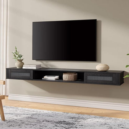 WAMPAT Floating TV Stand Shelf with Power Outlet, Mid Century Modern Wall Mount Shelf for TVs up to 80",Media Console TV Cabinet with 2 Rattan Doors
