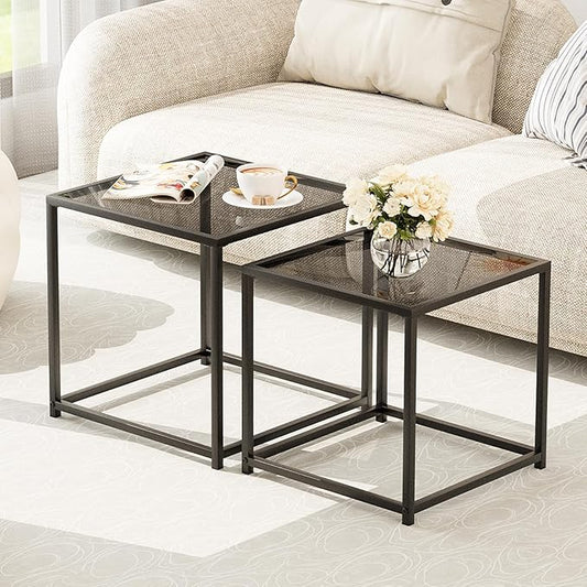 Garden 4 you Coffee Table Set of 2, Modern Glass Nesting Table, Metal Frame Square Center Table Set, Side Tables, Nesting Coffee Table for Living Room, Bedroom and Small Spaces, 19.7in Grey