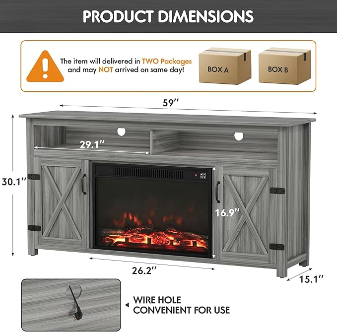 YESHOMY Fireplace TV Stand for Television up to 65+ Inch with Storage and Farmhouse Barn Doors, Entertainment Center with Cabinet and Shelves, Media Console for Living Room, Gray Wash