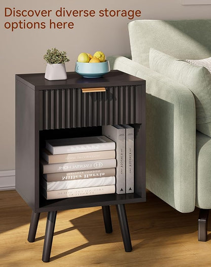 YMYNY Mid Century Modern Nightstand, Side Table, Fluted Night Stand with Drawer, Open Shelf Unit, Golden Handle, Solid Wood Legs, Bedside Table, for Bedroom, Black UHST013B