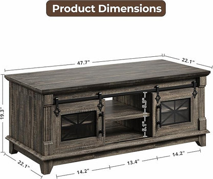 IRONCK 48'' Coffee Table with Sliding Barn Doors, Rustic Center Table with 6 Large Storage Space, Glass Doors and Adjustable Middle Shelf, Farmhouse Coffee Tables for Living Room, Meeting Room