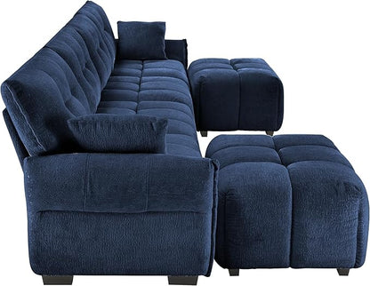 Modern Chenille Fabric 4-Seat Sofa w/Two Ottoman+2 Pillows, Premium Upholstery Living Room Couch with Tufted Backrest & Comfortable Armrests and High-Resilience Memory Foam Cushions,Blue