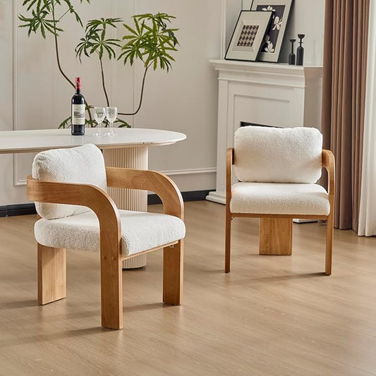 Christopher Knight Home Yorick Modern Boucle Dining Chair Set of 2 with Cushion, Solid Wood Dining Room Armchair Set, Curved Backrest Kitchen Side Chair, Living Room Comfy Extra Seat, Natural+White
