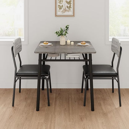 GAOMON 3-Piece Dining Table Set for 2, Wood Kitchen Table Set with Built-in Storage Rack,Small Kitchen Table with Upholstered Chairs and Metal Frame for Small Spaces，Gray