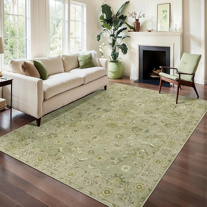 Tangsoo 5x7 Area Rug Washable Rugs for Living Room, Floral Vintage Indoor Non Slip Large Area Rugs, Print Distressed Green Carpet, Soft Low Pile Foldable Floor Rug for Bedroom Dining Room Dorm