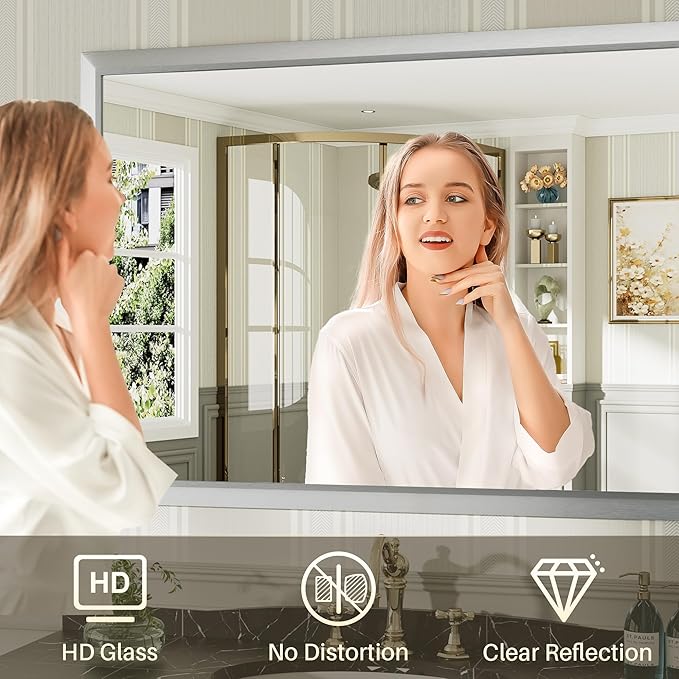 40x32 Inch Silver Bathroom Mirror for Wall, Thick Metal Framed Rectangle Mirrors for Over Sink, Bedroom, Living Room, Entryway, Anti-Rust, HD Tempered Glass