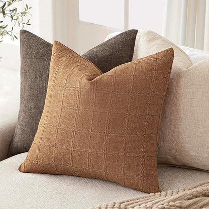 Foindtower Set of 2 Decorative Linen Check Throw Pillow Covers Neutral Farmhouse Vintage Cushion Covers Modern Boho Home Decor for Sofa Chair Couch Bedroom Living Room Outdoor,24×24 Inch,Brick