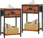 Furologee Nightstands Set of 2, Industrial End Table with Fabric Drawer and Storage Shelf, Retro Bedside Tables Organizer, Side Table for Living Room Bedroom, Rustic Brown