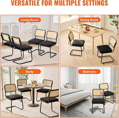 VEVOR Rattan Dining Chairs Set of 4, Mid Century Modern Dining Chair, Upholstered Velvet Accent Chair with Rattan Back, Retro Dining Room Kitchen Chair for Living Room, Bedroom (18.1 Inch)