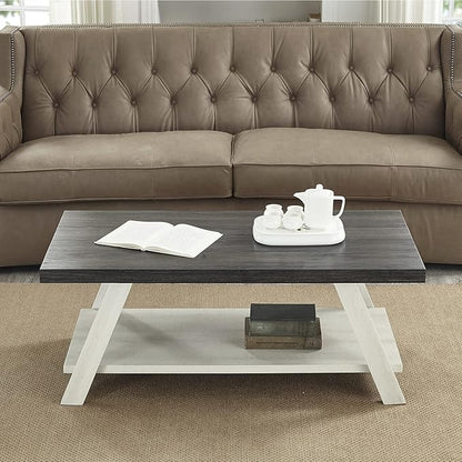 Roundhill Furniture Athens Contemporary Wood Shelf Coffee Table, Weathered Charcoal and Beige