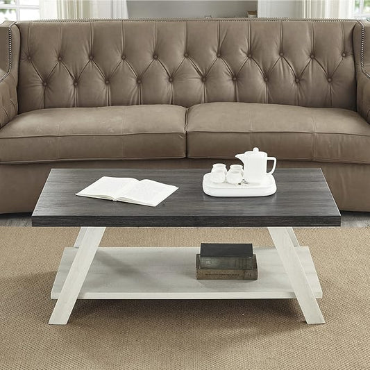 Roundhill Furniture Athens Contemporary Wood Shelf Coffee Table, Weathered Charcoal and Beige