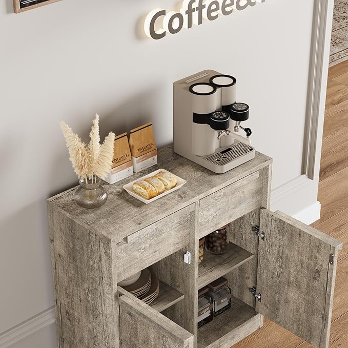 GarveeHome Sideboard Buffet Cabinet with 2 Drawers, 31.5" Large Coffee Cabinet with Storage, Modern Storage Buffet Table for Kitchen Dining Room, Living Room (Grey, 2 Doors & 2 Drawers)