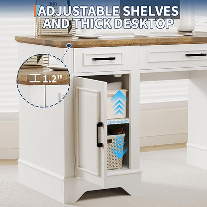 Executive Office Desk, Farmhouse 58" Office Desk with Storage, Wood Executive Computer Desk with Keyboard Tray, File Drawer, Storage Cabinet for Home Office Remote Work-Antique White