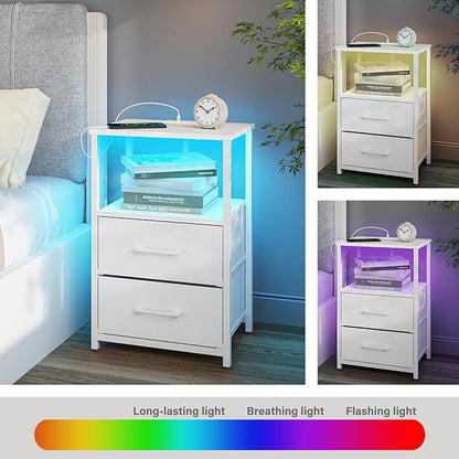 TUTOTAK LED End Table with Charging Station, Nightstand with Cloth Drawer, Side Table with 1 USB Port and 1 Type-C Port, Set of 2, Couch Table, White TB01BW052L