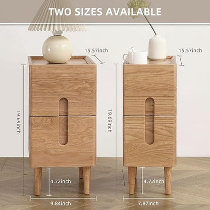 Solid Wood Bedside Table Nightstands, Slim Narrow Oak Real Wooden Mid-Century Modern End Table with Drawers Luxury Side Table Durable Cabinet Organizer Furniture, Natural Color 9.84in Wide