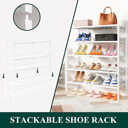 Smiry Shoe Rack, 4 Tier Thick Bamboo Shoe Organizer, Stackable Free Standing Wooden Shoe Storage Shelf for Closet, Entryway, Front Door Entrance, White