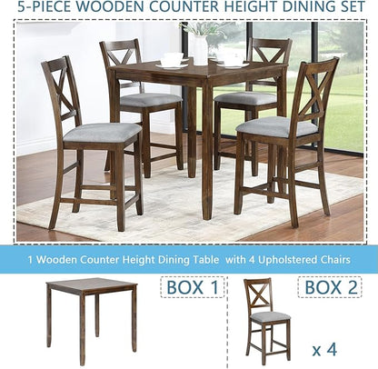 KEIKI 5-Piece Counter Height Dining Table Set with Square Table and 4 Upholstered X-Shaped Backrset Chair, for 4 Person, Modern Style Wooden Table Set, Easy Assembly, for Kitchen, Dining Room, Walnut