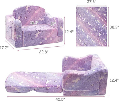 Comfy Toddler Couch and Chair for Kids with Blanket, 2-in-1 Soft Plush Fold Out Kids Sofa Chairs for Girls and Boys, Convertible Sofa to Lounger for Playroom