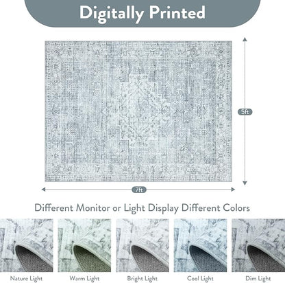LIVEBOX Washable Area Rug 5x7 Rugs for Living Room Bedroom, Non-Slip Boho Neutral Carpet for Dining Room Office, Low-Pile Farmhouse Soft Carpets for Kids Nursery Room Playroom, Grey