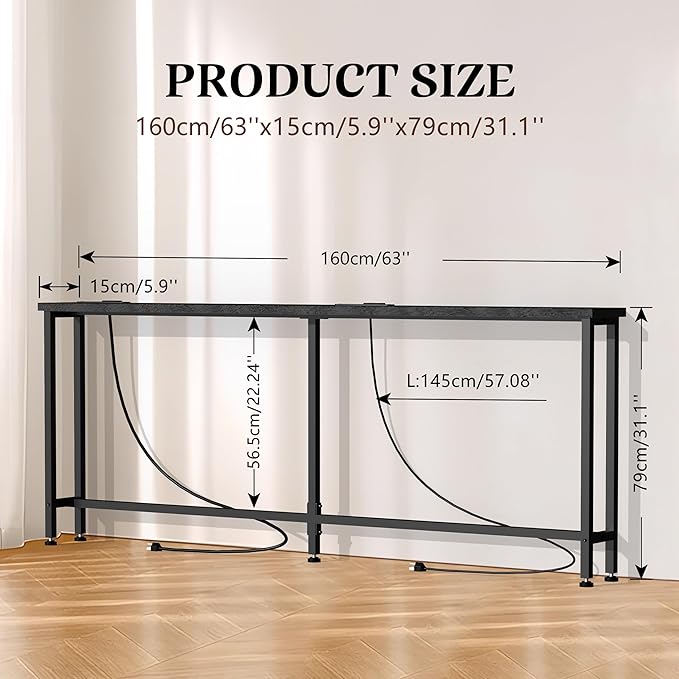 GRLEAF 63" Narrow Console Sofa Table with Built-in Power Strip (4 AC Outlets & 4 USB Ports) – 4.9ft Power Cord, Metal Frame, Easy Assembly, Ideal for Behind Couch, Hallway, and Home Office | Black