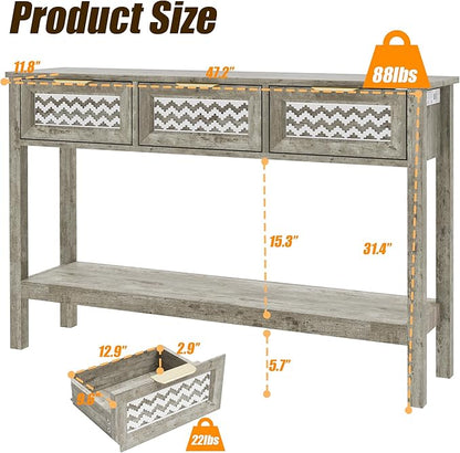 Entryway Table, Rattan Console Table with 3 Storage Drawers and Storage Shelf, Sofa Table with Socket, for Entryway, Living Room, Behind Couch and Hallway (Grey)