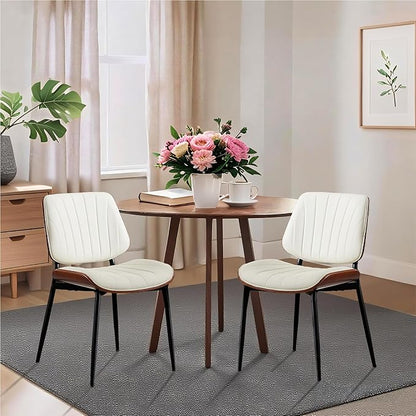 Dining Chairs Set of 2 - Mid Century Modern Upholstered Retro PU Leather Kitchen Chairs with Walnut Bentwood Back and Metal Legs for Dining Room and Kitchen, White Shell Strips