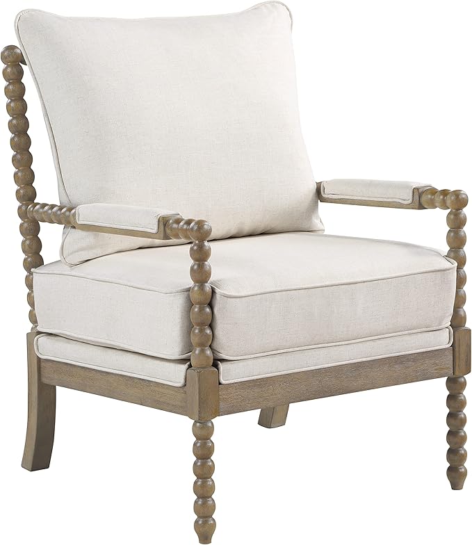 OSP Home Furnishings Fletcher Spindle Accent Chair with Rustic Brown Finish, Linen Upholstery