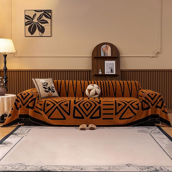 HANDONTIME Sofa Covers for Couch Pet-Friendly Caramel Black Couch Cover for Dogs Shu Velveteen Short Plush Sofa Covers for 3 Cushion Boho Brunt Orange Furniture Protector Washable, 71" X150"