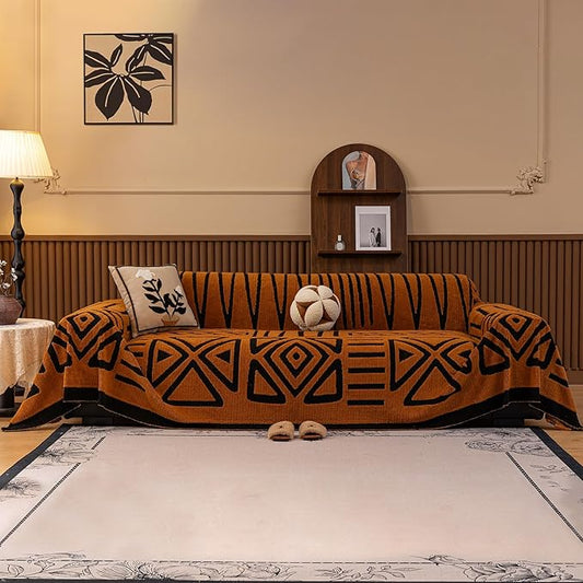 HANDONTIME Sofa Covers for Couch Pet-Friendly Caramel Black Couch Cover for Dogs Shu Velveteen Short Plush Sofa Covers for 3 Cushion Boho Brunt Orange Furniture Protector Washable, 71" X150"