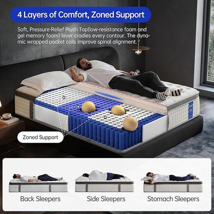 Queen Mattress,12 Inch Size Mattresses in a Box,Memory Foam Hybrid Mattress, Individual Pocket Spring for Motion Isolation &Zoned Support & Pressure Relief,Medium Firm (Queen, 12, Inches)