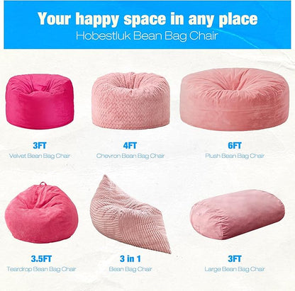 Hobestluk 3FT Bean Bag Chair Large Beanbag with Removable Cover Adult Bean Bag Chair with Portable Handle Desgin for Living Room Bedroom (Pink, 3FT)