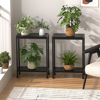 Narrow Side Table for Small Space Set of 2,2-Tier Small End Table with Shelf Holder, Slim Nightstand, Skinny Snack Couch Table in Living Room, Bedroom, Study, Kitchen and Balcony（Black