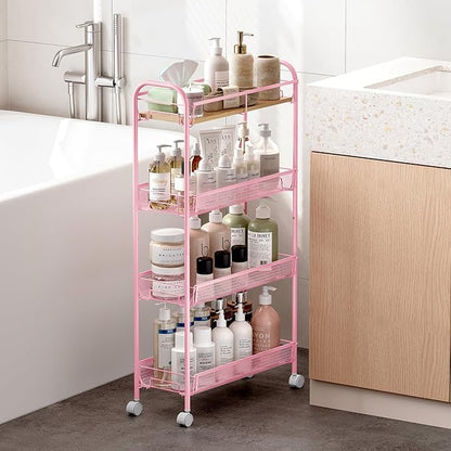 KINGRACK Metal Slim Rolling Cart,4-Tier Metal Utility Cart,Storage Cart with Wooden Tabletop, for Narrow Space on Laundry Bathroom Kitchen Room Bedroom Apartments Dormitory (Pure Pink, Slim)