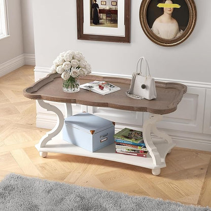 Function Home Farmhouse Coffee Table, Rustic White Cocktail Table with Storage Shelf, Sofa Table with Natural Tray Top and Carved Legs for Living Room Furniture Dining Room, Vintage White